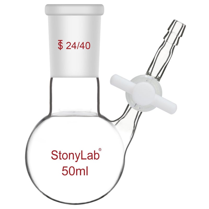 stonylab Reaction Flask - Borosilicate Glass Single-Neck Flask with 24/40 Joint and PTFE Stopcock Valve, Round Bottom, 50 ml - Image 1
